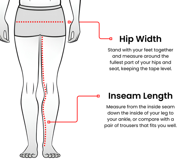 How to measure hip and inseam length for the Manitoba men's over-trousers size chart.